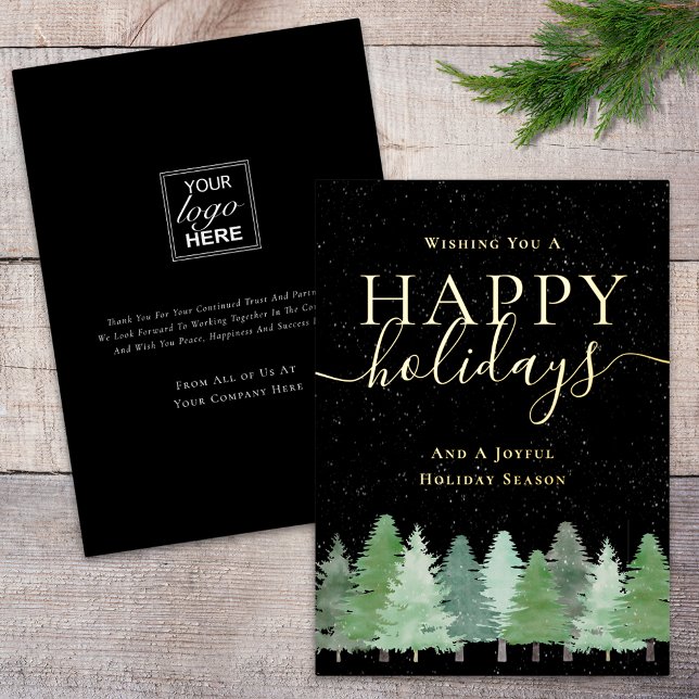 Modern Winter Woodland Company Logo Black & Gold (Modern winter woodland forest company logo happy holidays black and gold foil business holiday card)