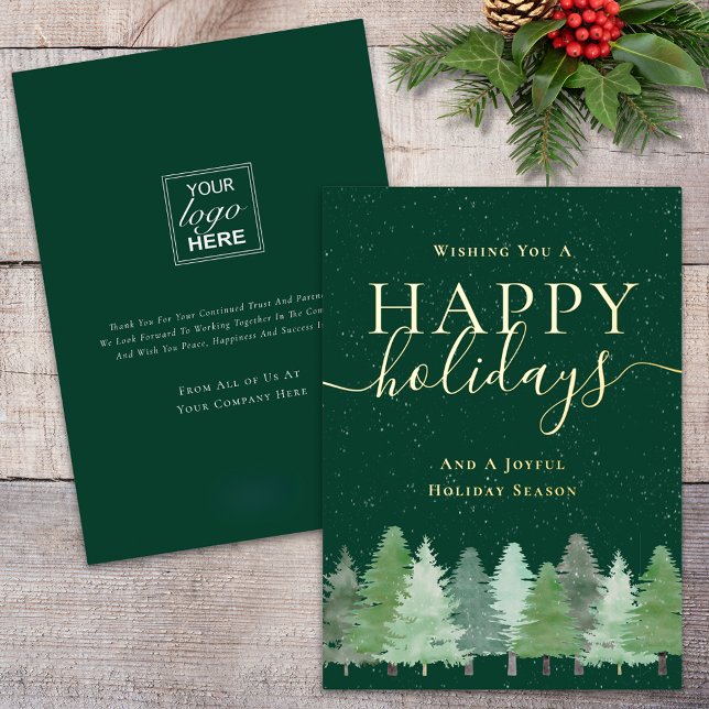 Modern Winter Woodland Company Logo Green & Gold (Modern winter woodland square company logo green & gold foil script business holiday flat card)