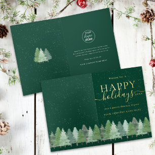 Modern Winter Woodland Company Logo Green Gold Foil Holiday Card