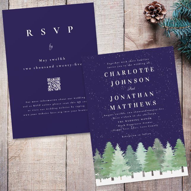 Modern Winter Woodland Navy Blue QR Code Wedding Invitation (Modern watercolor Woodland snow forest navy blue and white winter wedding qr code invitation)