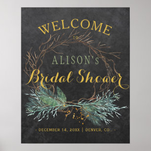 Modern winter wreath bridal shower welcome sign