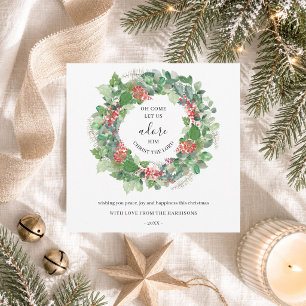 Modern Winter Wreath Come Let Us Adore Him Holiday Card