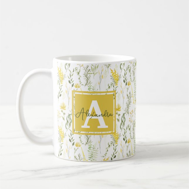 Modern Wispy Yellow Wildflowers Floral Monogram Coffee Mug (Left)