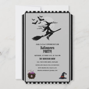 Modern Witch Bats Grey Black Halloween Party  Invitation