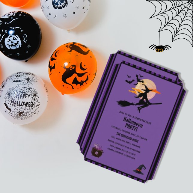Modern Witch Bats Purple Black Halloween Party  Invitation (Creator Uploaded)