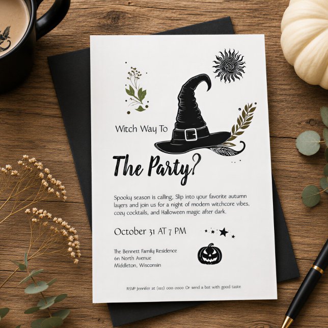 Modern Witchcore Monochrome Halloween Party Invitation (Creator Uploaded)