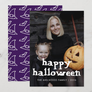 Modern Witchy Hat & Bats Halloween Family Photo Holiday Card
