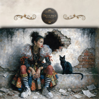 Modern Woman and Black Cat Decoupage Tissue Paper