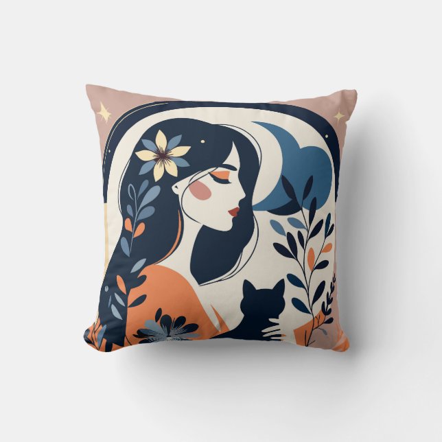 Modern Woman and Cat Throw Pillow  Boho Floral Art (Front)