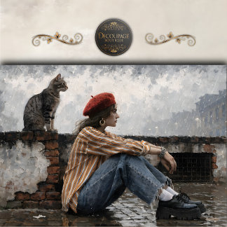 Modern Woman in Beret with Cat Decoupage Tissue Paper