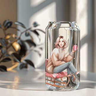 Modern Woman on Sleigh Christmas  Can Glass