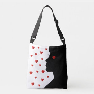 Modern Woman Silhouette & Hearts on White Crossbody Bag
