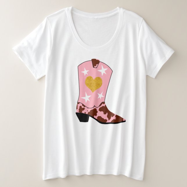 Modern Women Pink Cowgirl Western Boot Plus Size T-Shirt (Design Front)