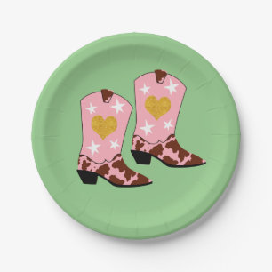 Modern Women Pink Cowgirl Western Boots Green Paper Plate