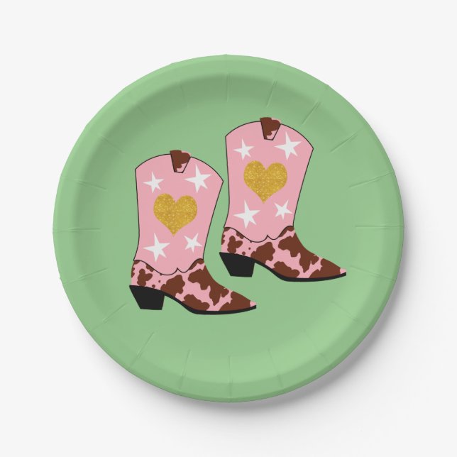 Modern Women Pink Cowgirl Western Boots Green Paper Plate (Front)
