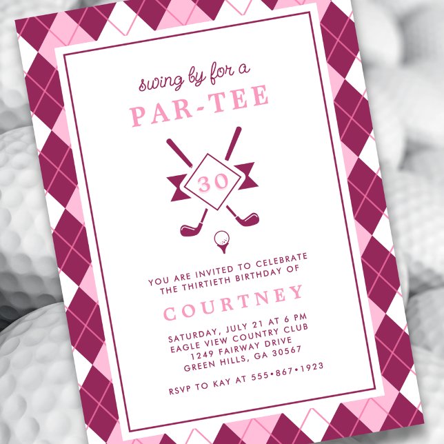 Modern Women's 30th Birthday Argyle Pink Golf Invitation (Creator Uploaded)