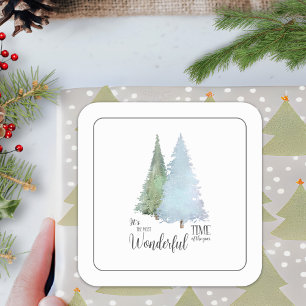 Modern Wonderful Time Watercolor Pine Christmas Square Sticker