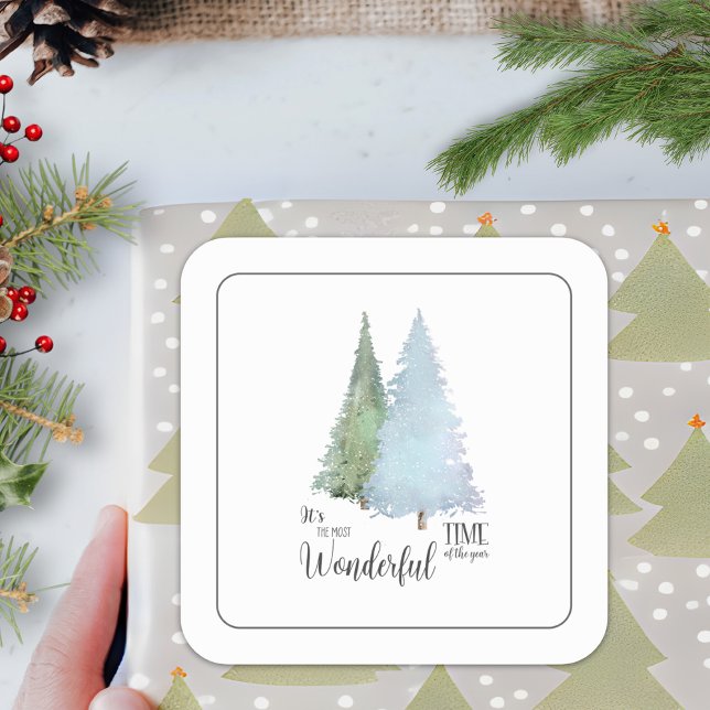 Modern Wonderful Time Watercolor Pine Christmas Square Sticker (Creator Uploaded)