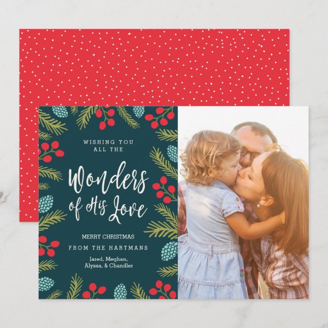 Modern Wonders of His Love Berries Pine Photo Holiday Card (Front/Back)