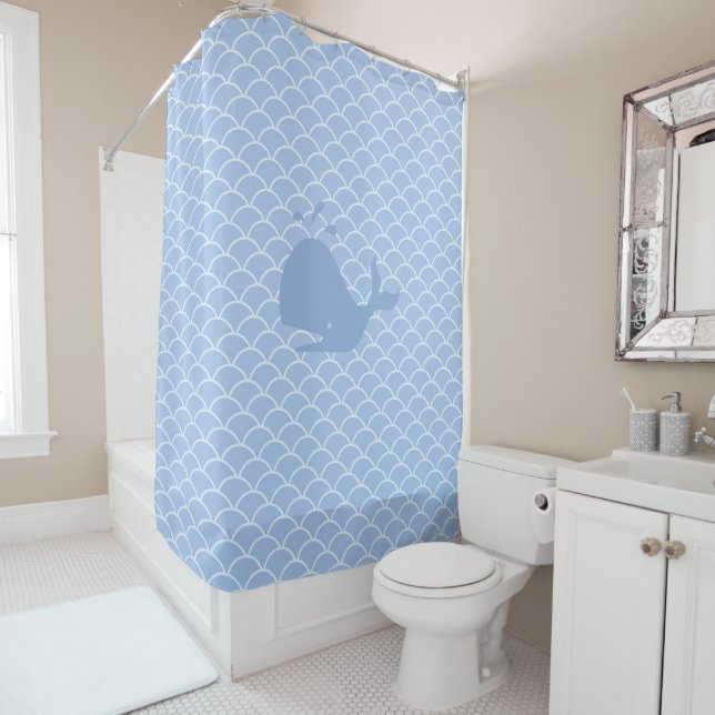 Modern Wondrous Blue Whale Shower Curtain (In Situ)