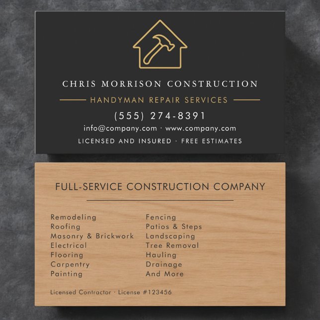 Modern Wood Black Gold Handyman Construction  Business Card (Creator Uploaded)