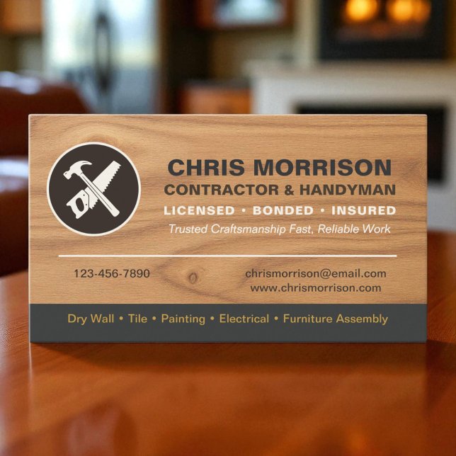 Modern Wood Contractor Handyman Tools Logo Business Card (Creator Uploaded)