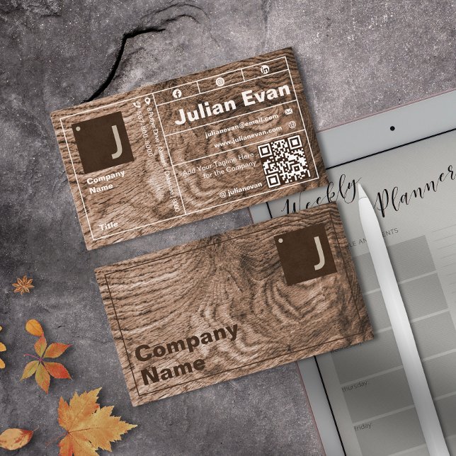Modern Wood Grain Bold Typography Monogram QR Code Business Card (Modern Wood Grain Bold Typography Monogram QR Code Business Card)