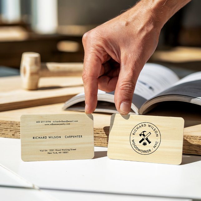 Modern wood grain look professional carpenter logo business card (Modern wood grain look professional carpenter logo)