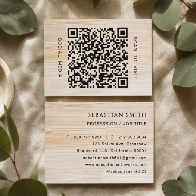 Modern Wood Grain Professional QR Code Minimal  Business Card (Creator Uploaded)