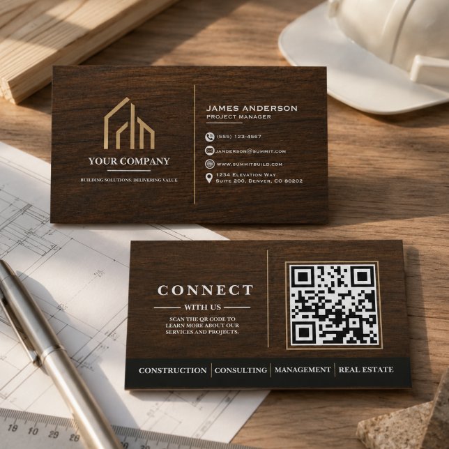 Modern Wood Grain QR Code Construction Business Card (Modern Wood Grain QR Code Construction Business Card
)