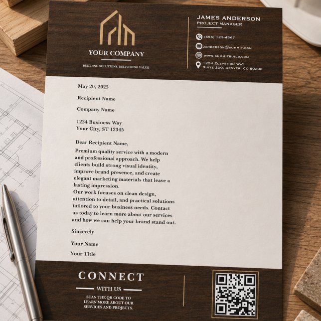 Modern Wood Grain QR Code Construction Custom Letterhead (Modern Wood Grain QR Code Construction Letterhead
)
