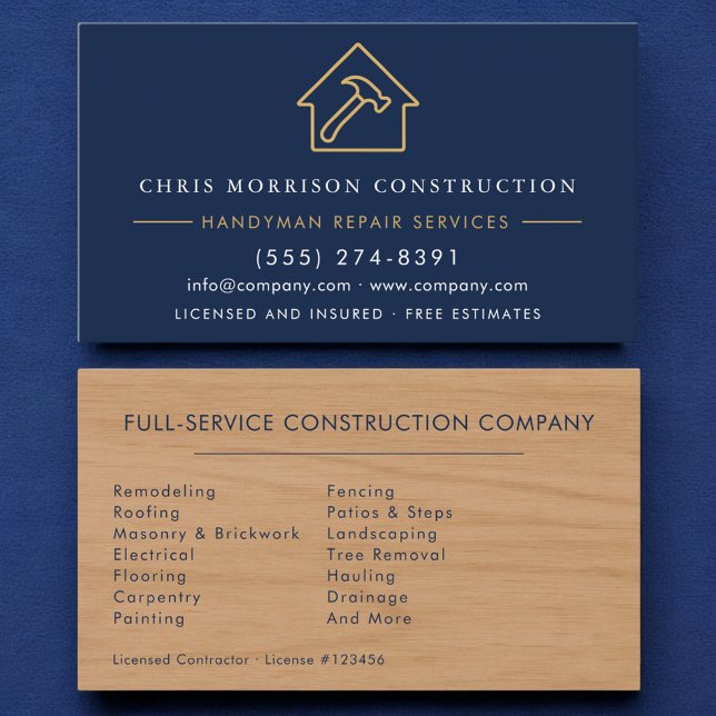 Modern Wood Handyman Navy Blue Gold Construction  Business Card (Creator Uploaded)