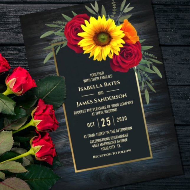 Modern Wood Sunflower Burgundy Rose Wedding Invitation (Creator Uploaded)