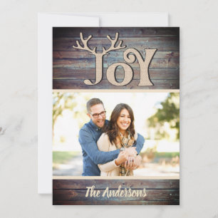 Modern wood typography  joy holiday photo card