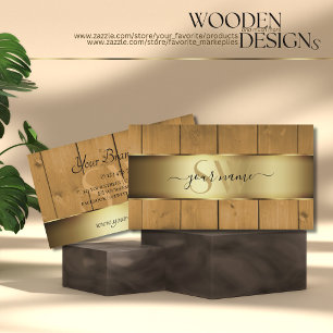 Modern Wooden Boards Brown Woodgrain Monogram Gold Business Card