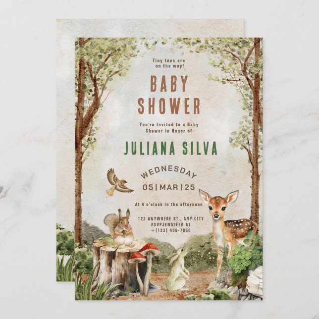 Modern Woodland Animals Forest Girl Baby Shower Invitation (Front/Back)
