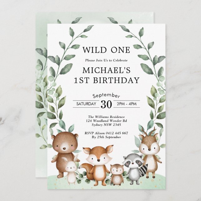 Modern Woodland Animals Wild One 1st Birthday Invitation (Front/Back)