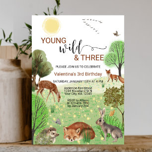 Modern Woodland Animals Wild & Three 3rd Birthday Invitation