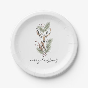 Modern Woodland Deer Watercolor Christmas Holiday Paper Plate