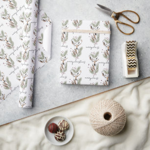 Modern Woodland Deer Watercolor Christmas Holiday Wrapping Paper