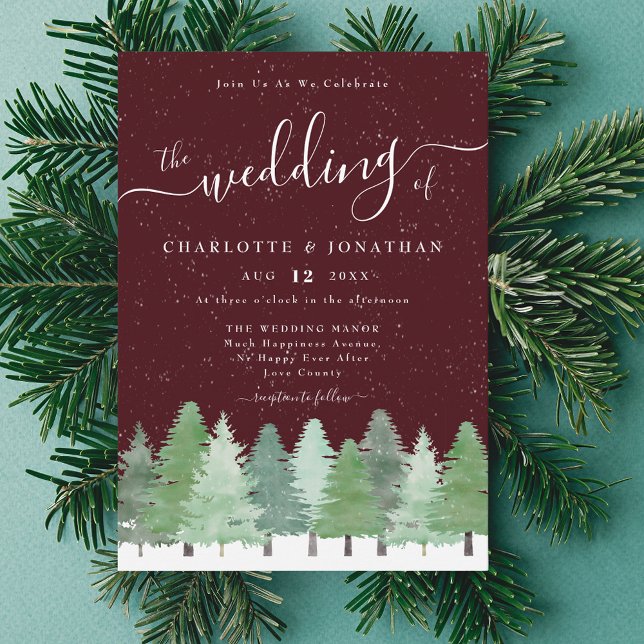 Modern Woodland Forest Burgundy Winter Wedding Invitation (Elegant woodland forest burgundy winter wedding invitation )