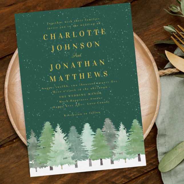 Modern Woodland Forest Green Gold Winter Wedding Invitation (Modern elegant watercolor Woodland forest green winter wedding invitation)