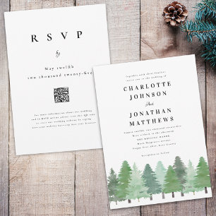 Modern Woodland Forest QR Code Winter Wedding Invitation