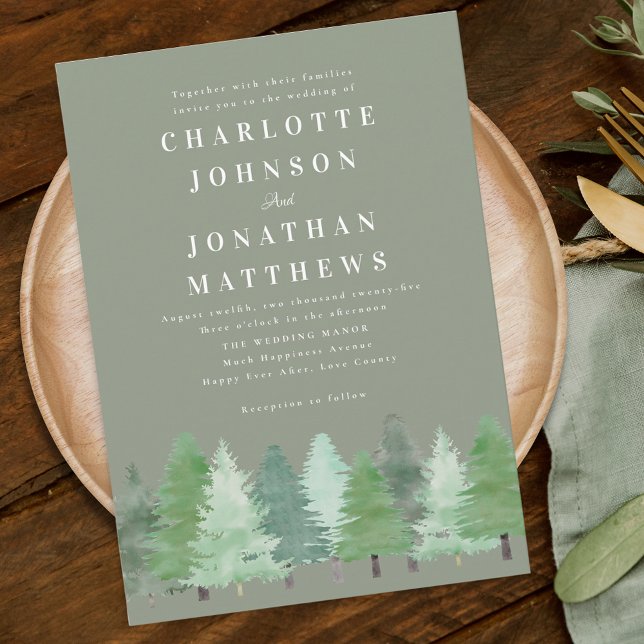 Modern Woodland Forest Sage Green Wedding Invitation (Modern watercolor Woodland forest sage green wedding qr code invitation Elegant typography )