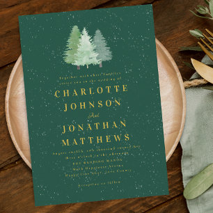 Modern Woodland Forest Winter Green Gold Wedding Invitation