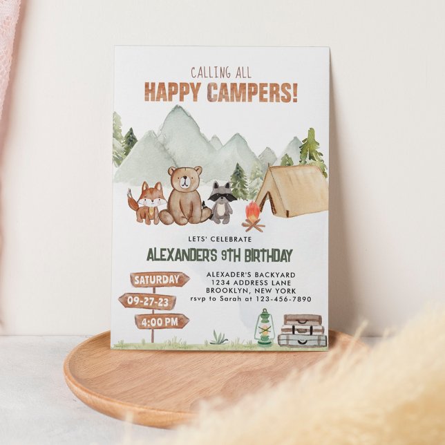 Modern Woodland Happy Camper Camping Kids Birthday Invitation (Creator Uploaded)