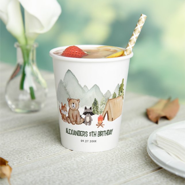 Modern Woodland Happy Camper Camping Kids Birthday Paper Cups (Insitu)