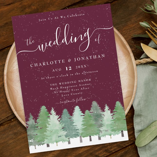 Modern Woodland Rustic Burgundy Winter Wedding Invitation (Rustic elegant watercolor snowy evergreen Woodland forest burgundy winter wedding invitation)