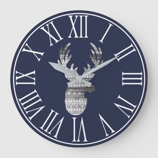 Modern Woodland Rustic Grey Deer & Navy Blue Large Clock (Front)