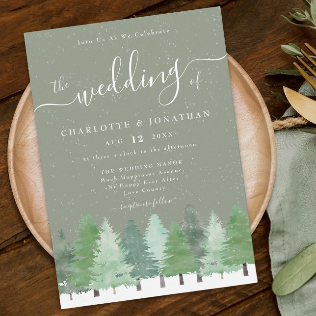 Modern Woodland Rustic Sage Green Winter Wedding Invitation (Rustic elegant watercolor snowy evergreen Woodland winter forest sage green wedding invitation)